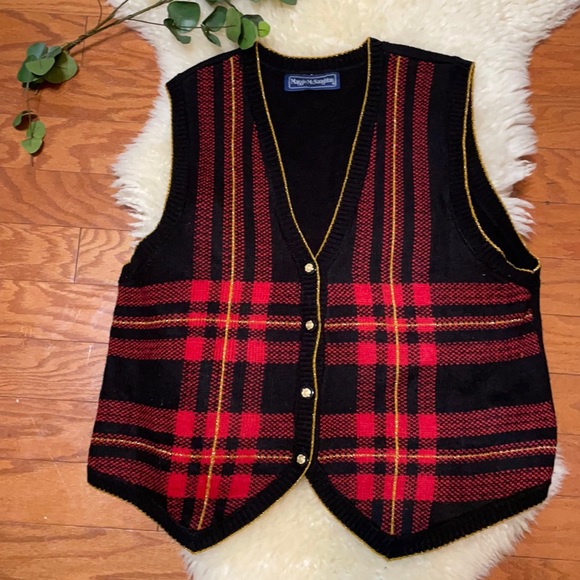 Maggie McNaughton Sweaters - Vintage Knit Vest by Maggie McNaughton / Red, Black & Gold